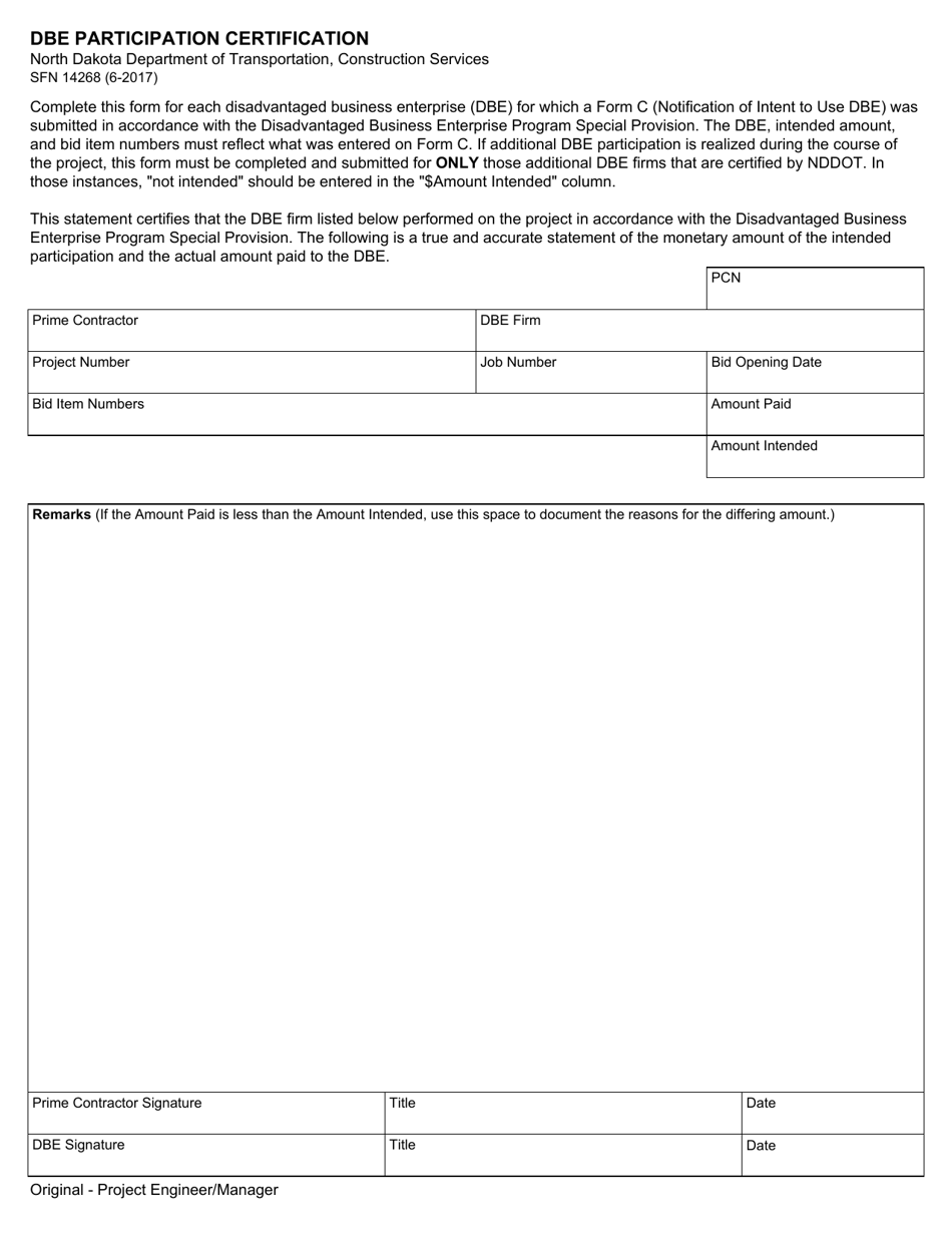 Form SFN14268 Dbe Participation Certification - North Dakota, Page 1