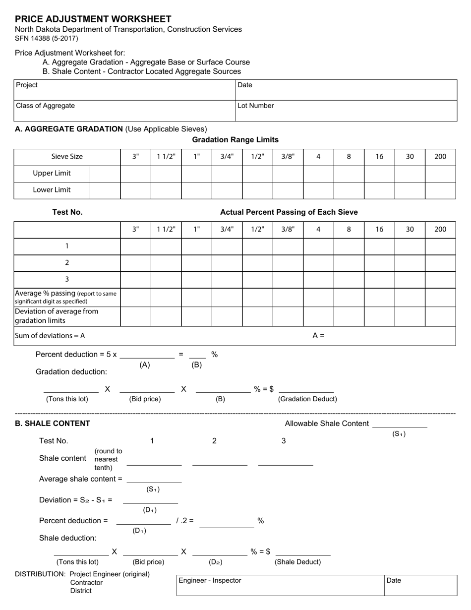 Form SFN14388 Price Adjustment Worksheet - North Dakota, Page 1