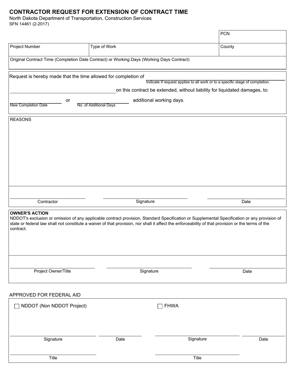 Form SFN14461 Contractor Request for Extension of Contract Time - North Dakota, Page 1