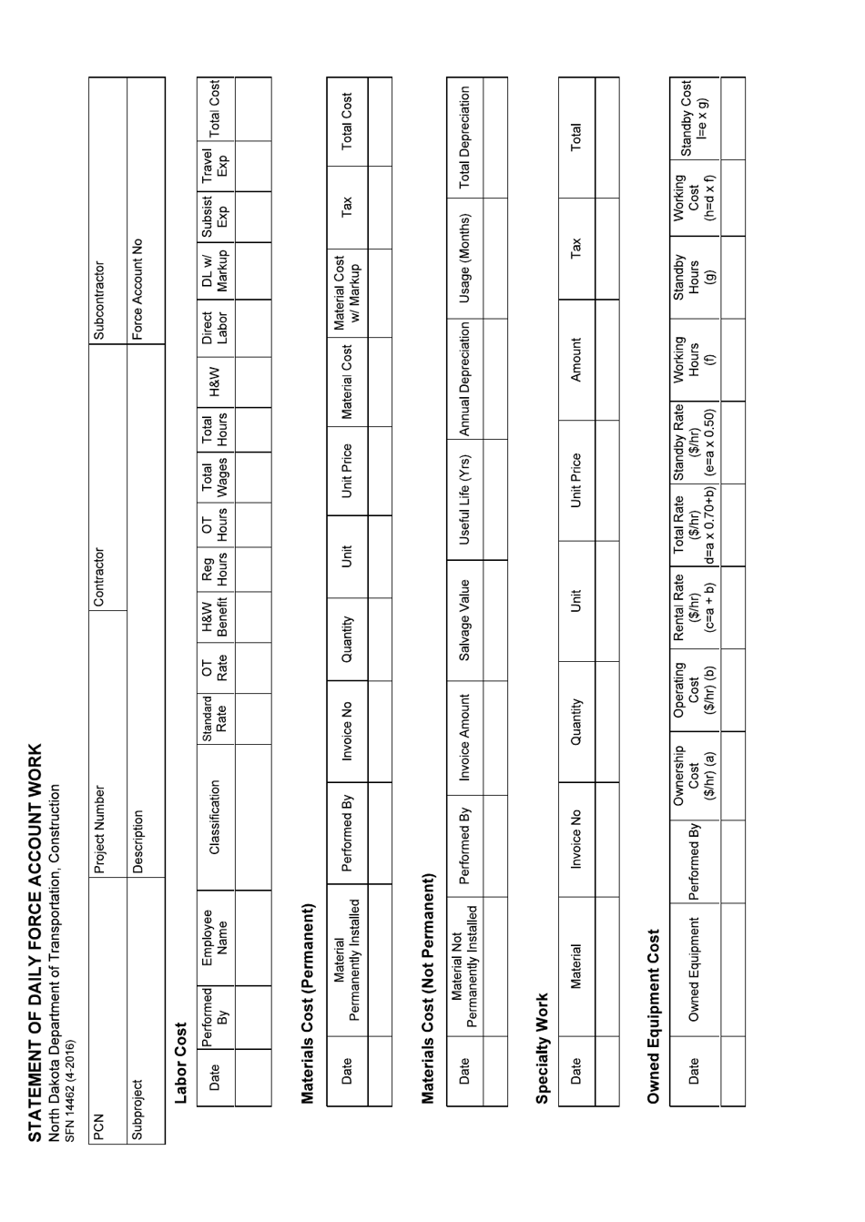 Form SFN14462 Statement of Daily Force Account Work - North Dakota, Page 1