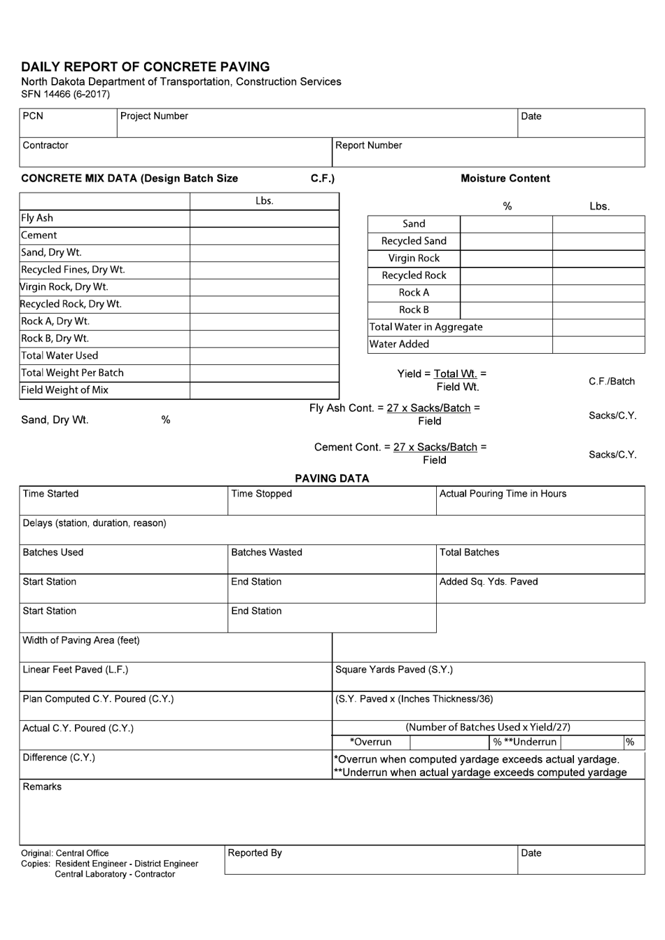 Form SFN14466 Daily Report of Concrete Paving - North Dakota, Page 1