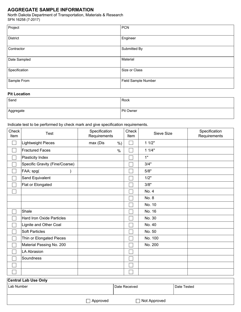 Form SFN16258 Aggregate Sample Information - North Dakota, Page 1