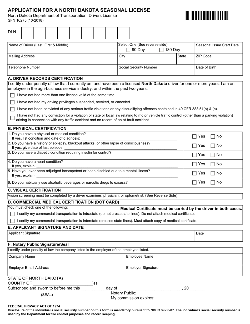 Form SFN16275 Application for a North Dakota Seasonal License - North Dakota, Page 1