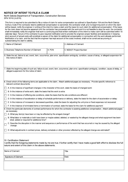 Form SFN16743 Notice of Intent to File a Claim - North Dakota
