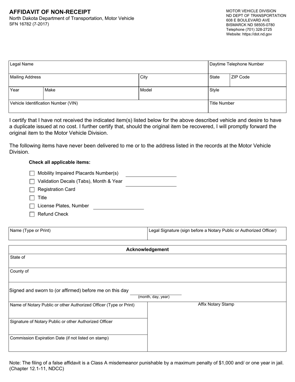 Form SFN16782 Affidavit of Non-receipt - North Dakota, Page 1