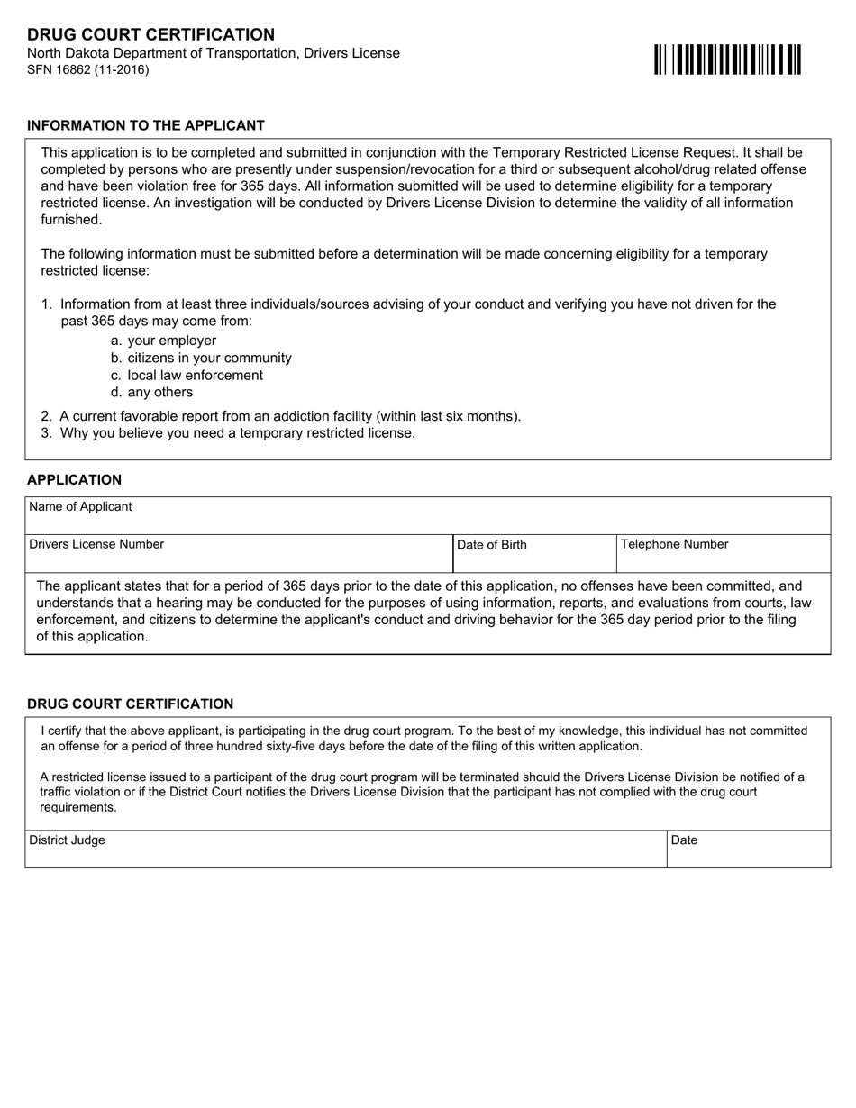 Form SFN16862 Drug Court Certification - North Dakota, Page 1