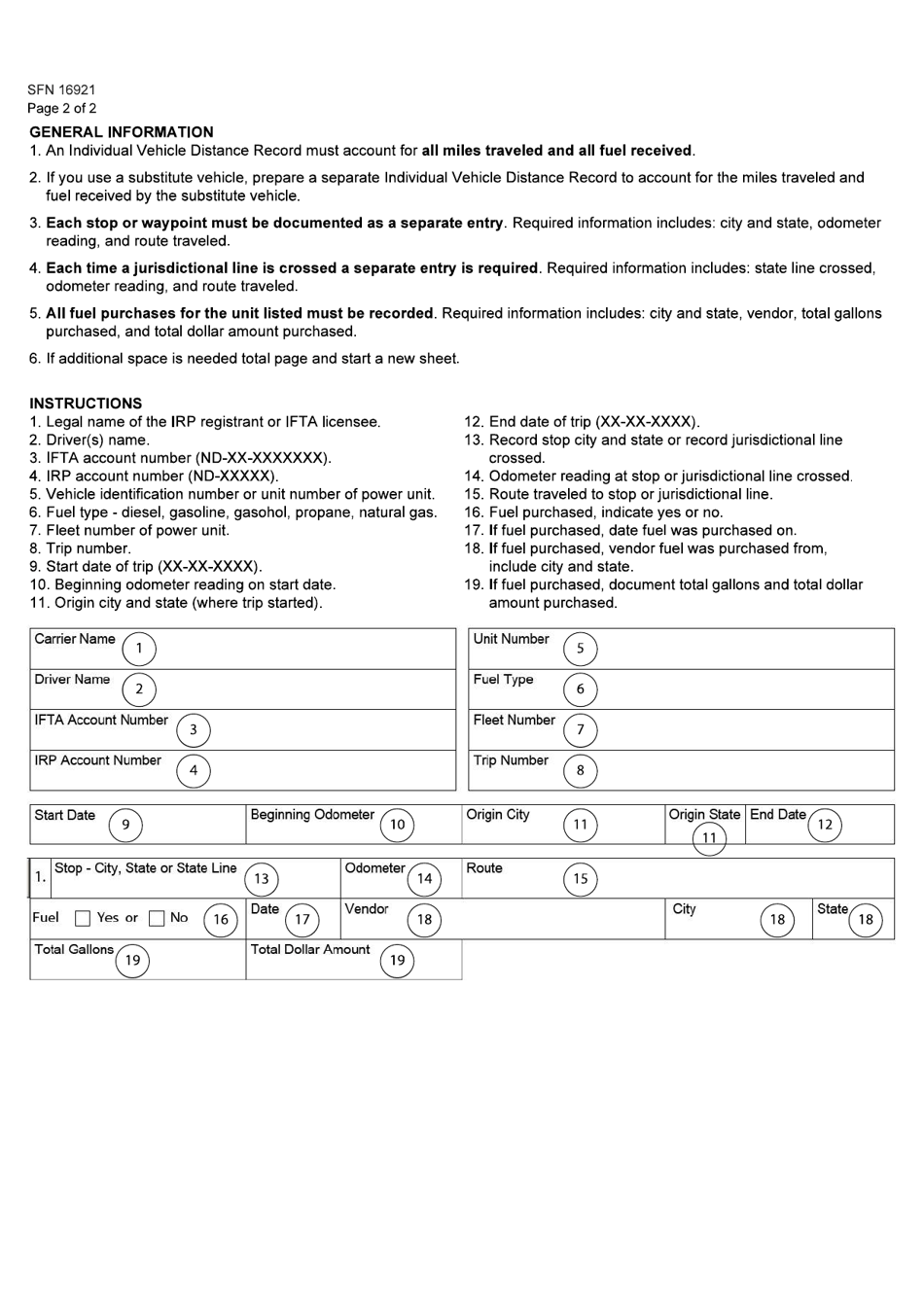 Form SFN16921 Individual Vehicle Mileage and Fuel Report - North Dakota, Page 2