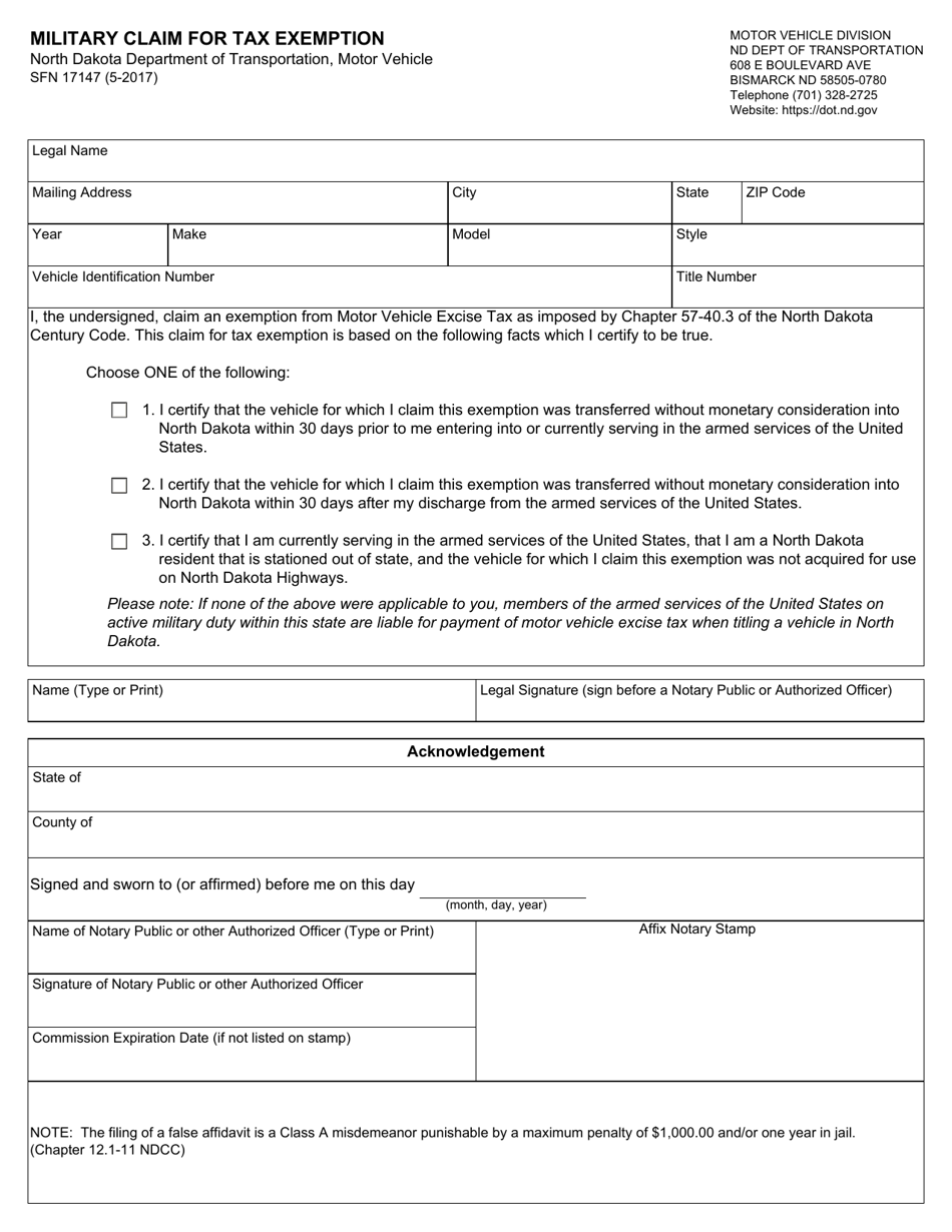 Form SFN17147 Military Claim for Tax Exemption - North Dakota, Page 1