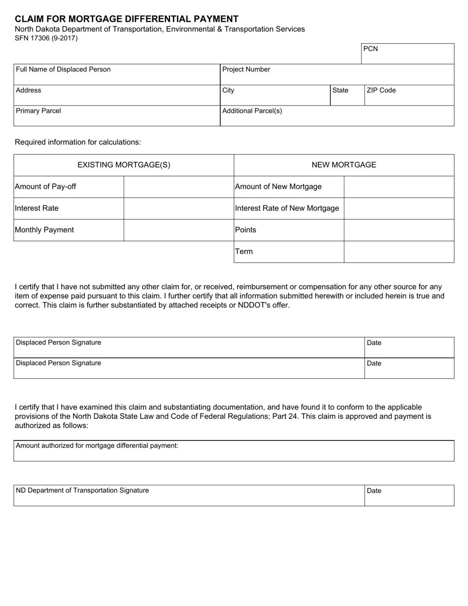 Form SFN17306 Claim for Mortgage Differential Payment - North Dakota, Page 1