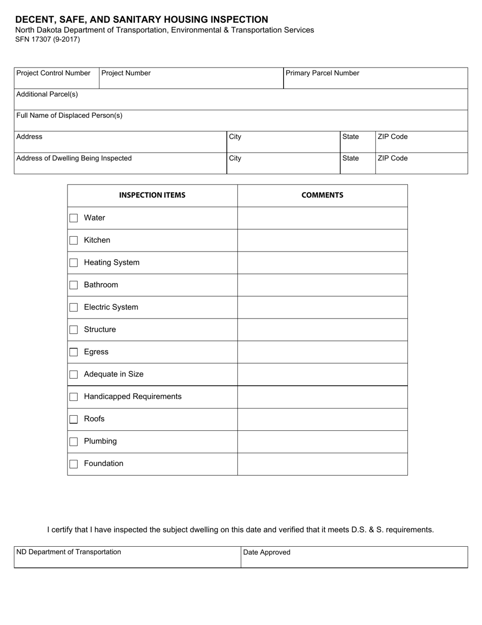Form SFN17307 Decent, Safe, and Sanitary Housing Inspection - North Dakota, Page 1