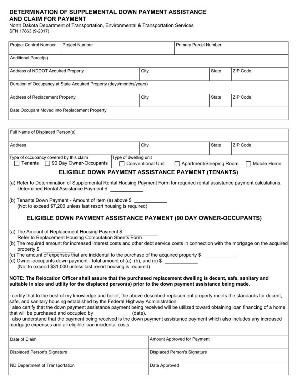 Form SFN17863 Determination of Supplemental Down Payment Assistance and Claim for Payment - North Dakota, Page 1