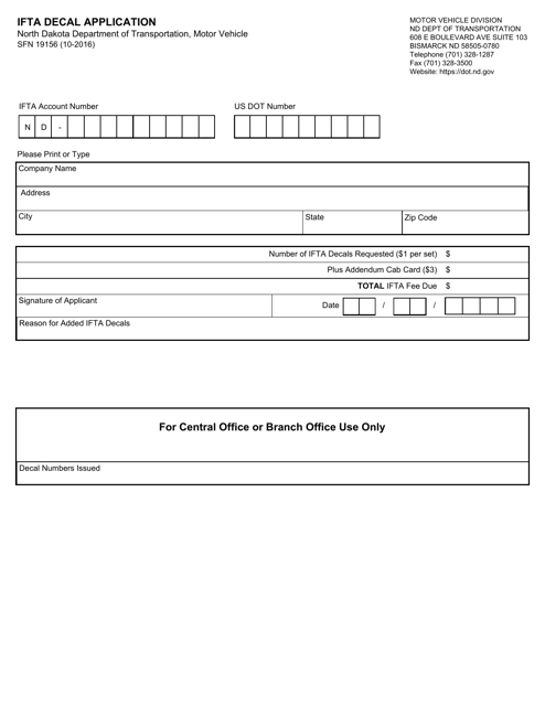 Form SFN19156 Ifta Decal Application - North Dakota