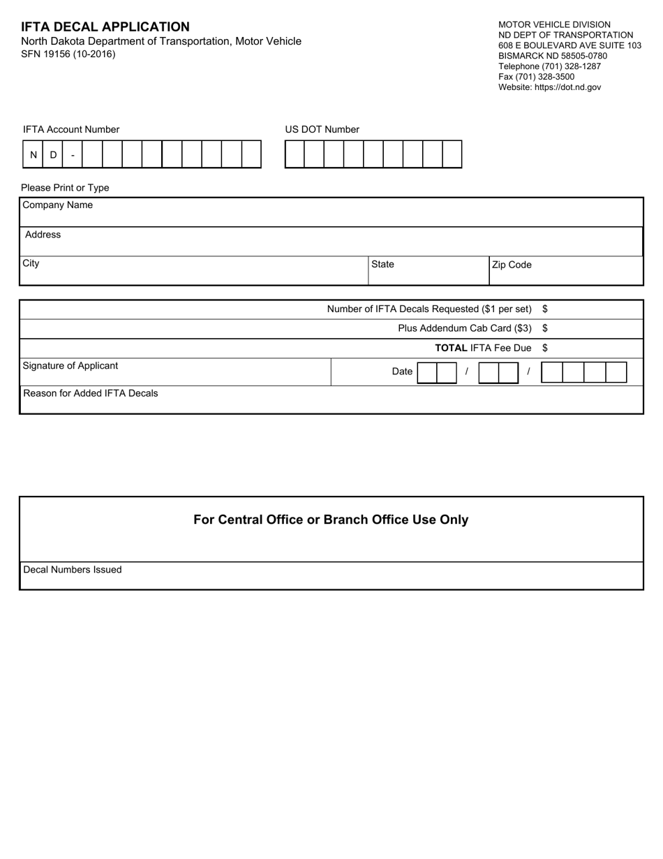 Form SFN19156 Ifta Decal Application - North Dakota, Page 1