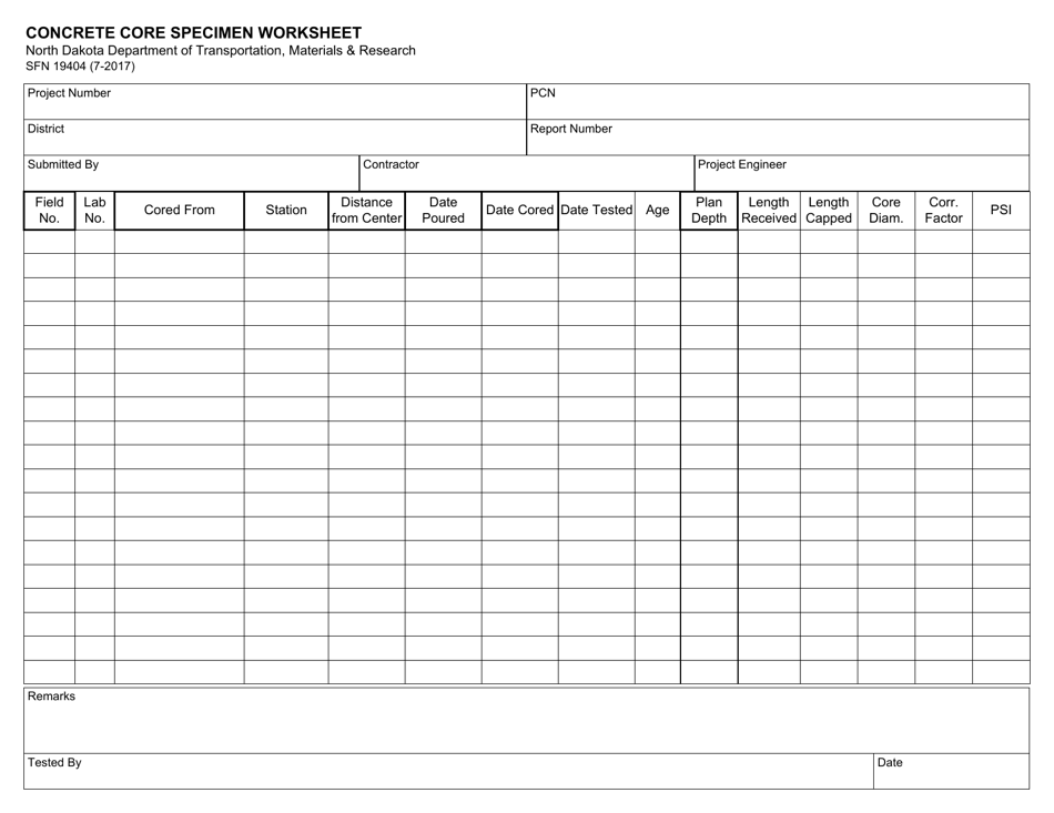 Form SFN19404 Concrete Core Specimen Worksheet - North Dakota, Page 1
