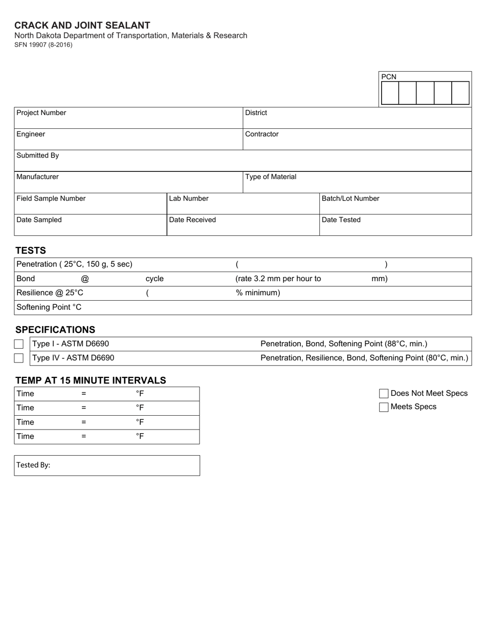 Form SFN19907 Crack and Joint Sealant - North Dakota, Page 1