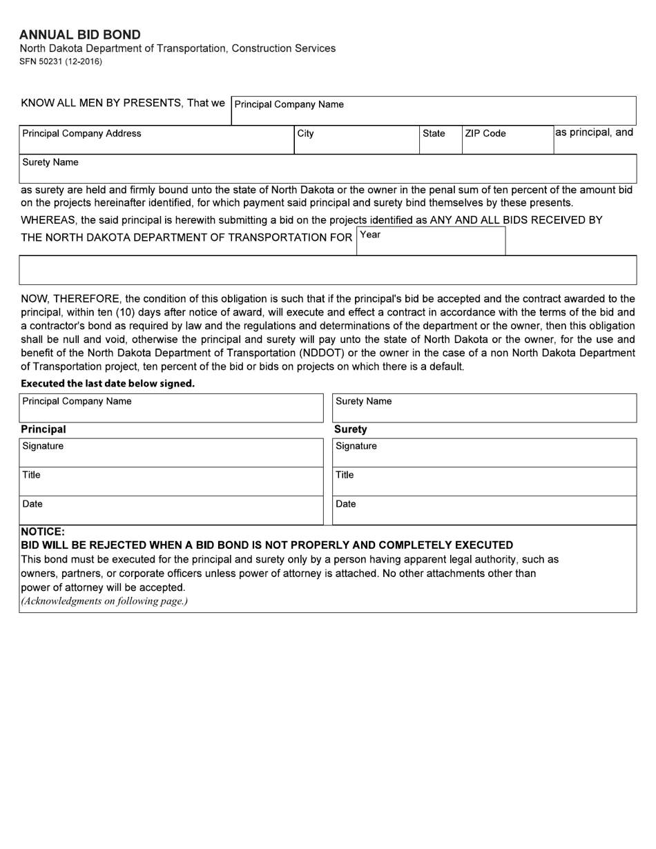 Form SFN50231 Annual Bid Bond - North Dakota, Page 1