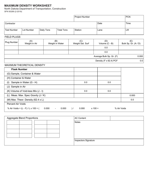Form SFN50289 Maximum Density Worksheet - North Dakota