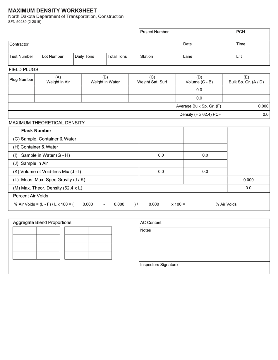 Form SFN50289 Maximum Density Worksheet - North Dakota, Page 1