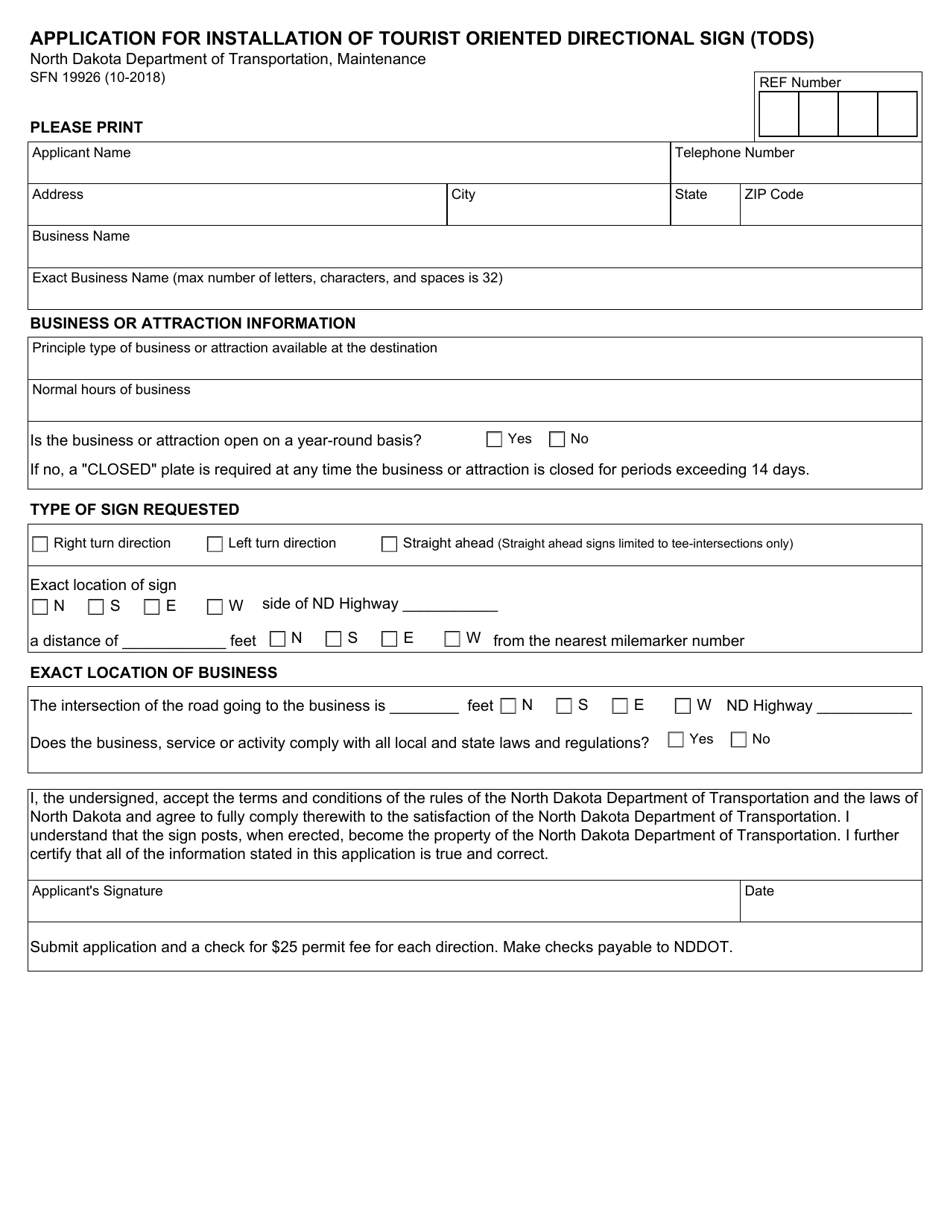 Form SFN19926 Application for Installation of Tourist Oriented Directional Sign (Tods) - North Dakota, Page 1