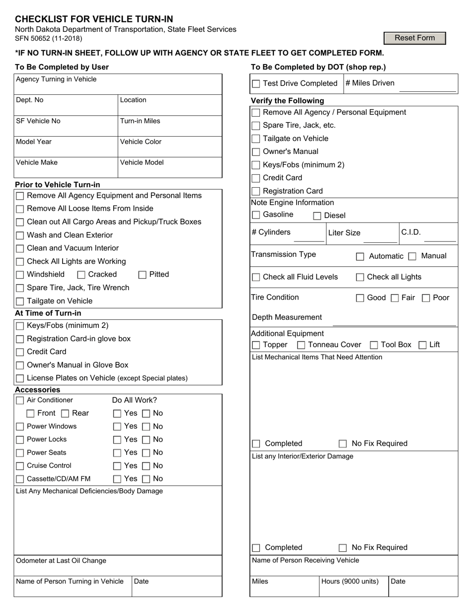 Form SFN50652 Checklist for Vehicle Turn-In - North Dakota, Page 1