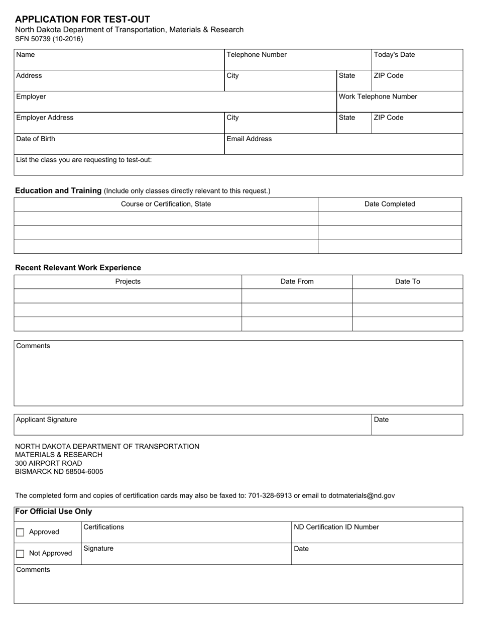 Form SFN50739 Application for Test-Out - North Dakota, Page 1