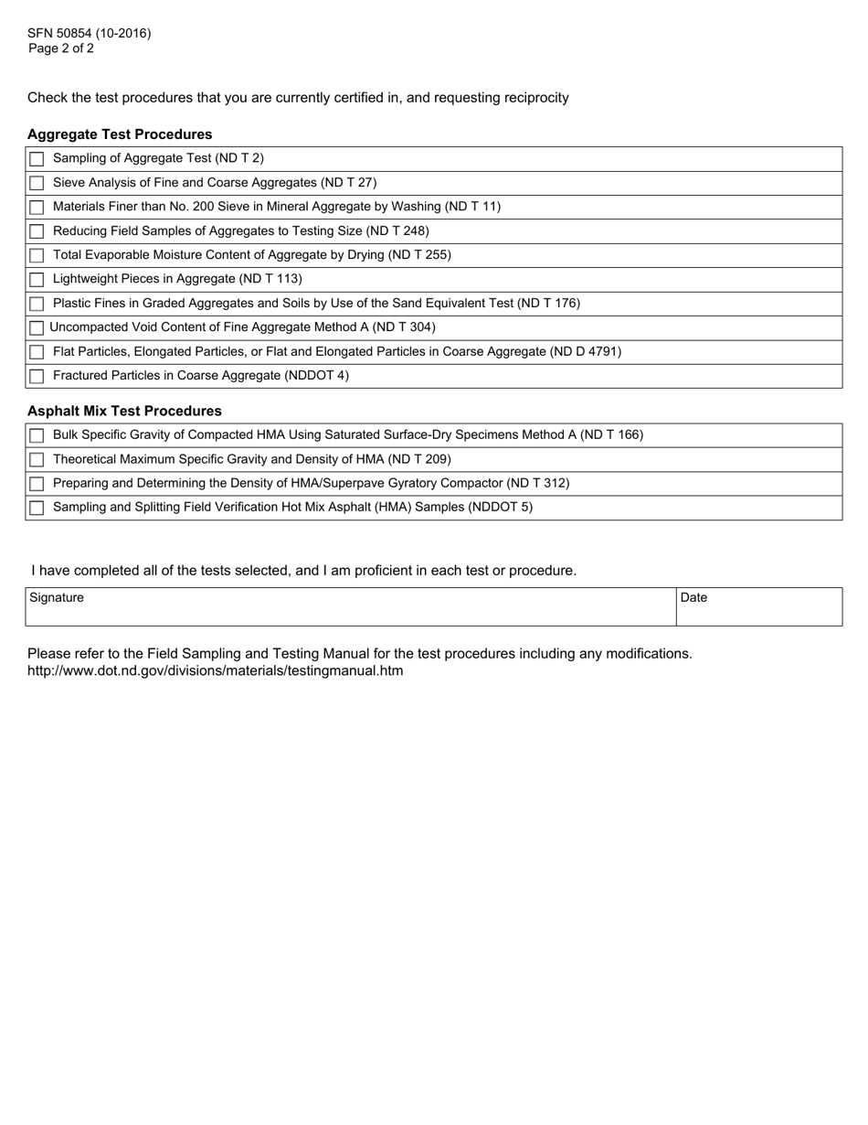 Form SFN50854 Application for Reciprocity - North Dakota, Page 2