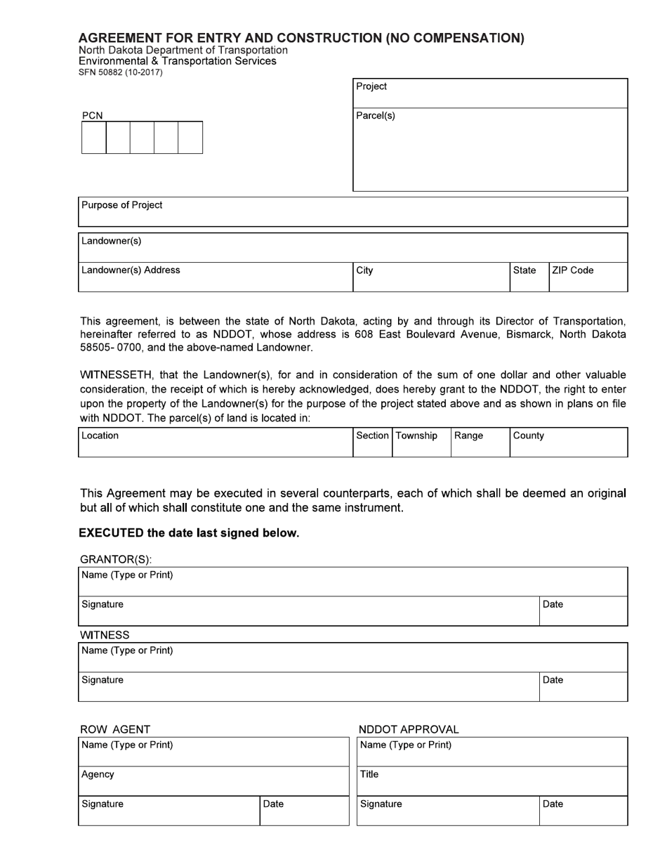 Form SFN50882 Agreement for Entry and Construction (No Compensation) - North Dakota, Page 1