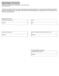 Document preview: Form SFN51027 Maintenance Certification Urban Federal Aid Project - North Dakota
