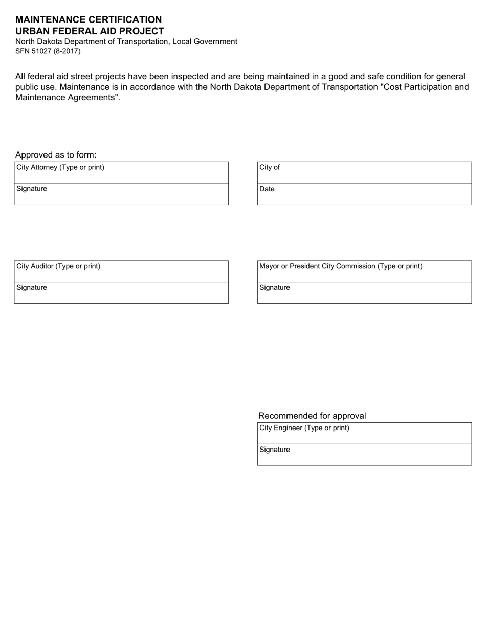 Form SFN51027 Maintenance Certification Urban Federal Aid Project - North Dakota, Page 1
