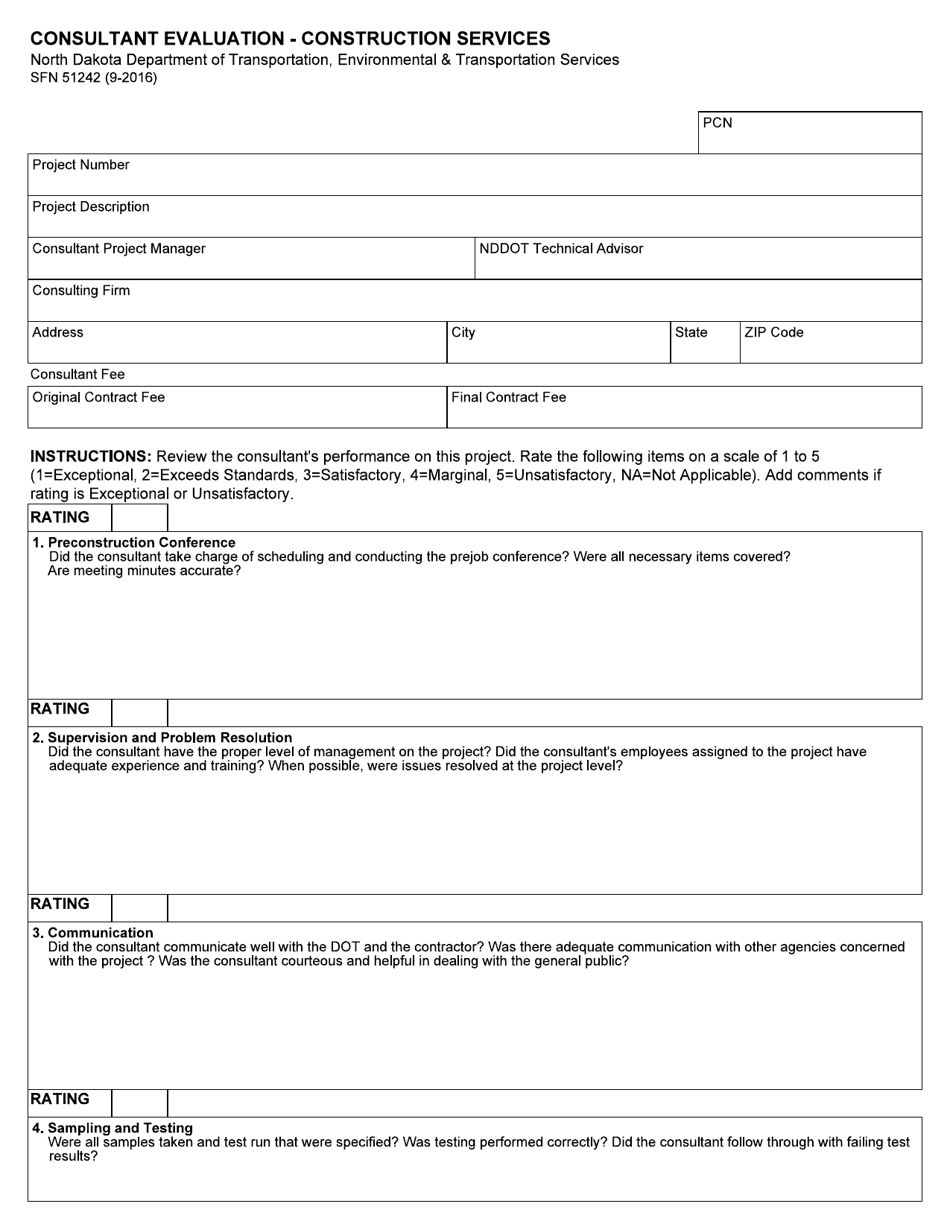 Form SFN51242 Consultant Evaluation - Construction Services - North Dakota, Page 1