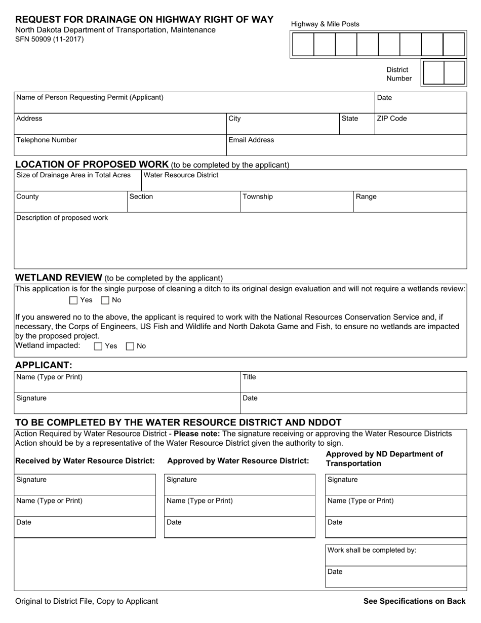 Form SFN50909 Request for Drainage on Highway Right of Way - North Dakota, Page 1