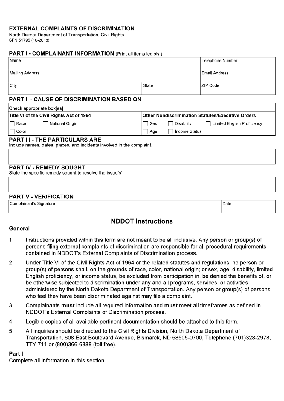 Form SFN51795 External Complaints of Discrimination - North Dakota, Page 1