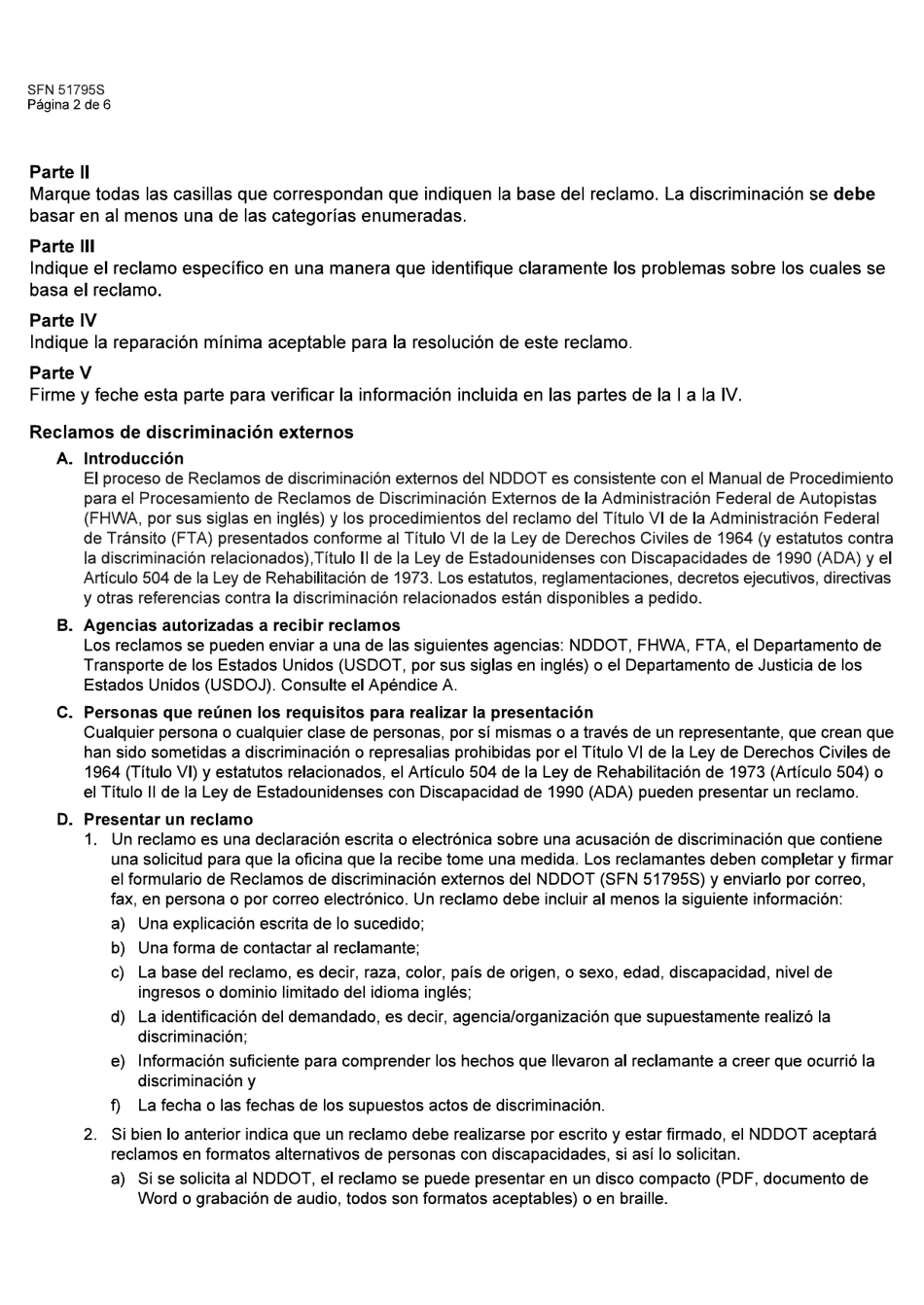 Formulario SFN51795S Reclamos De Discriminacion Externos - North Dakota (Spanish), Page 2