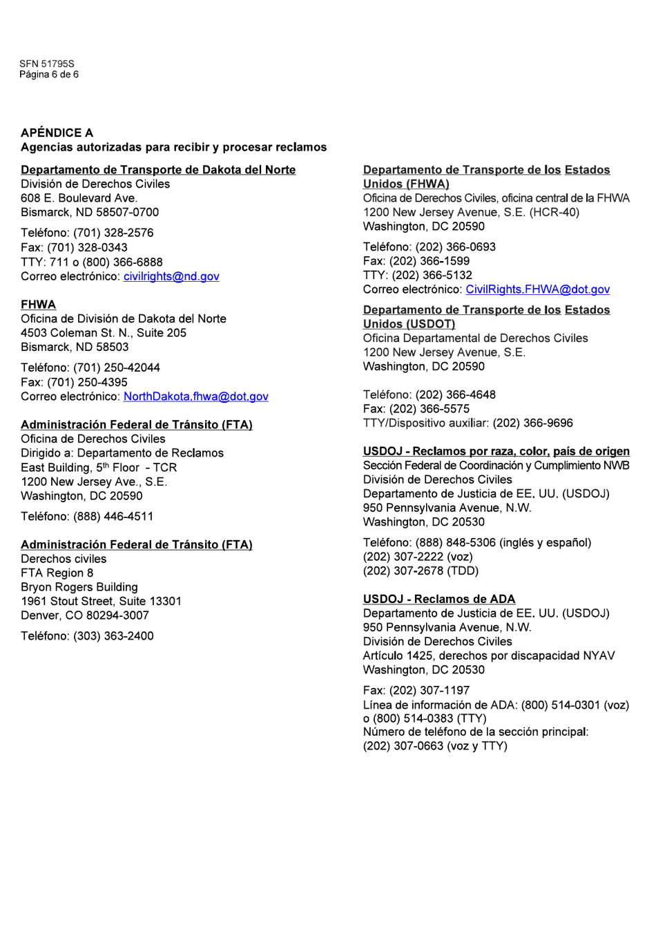 Formulario SFN51795S Reclamos De Discriminacion Externos - North Dakota (Spanish), Page 6