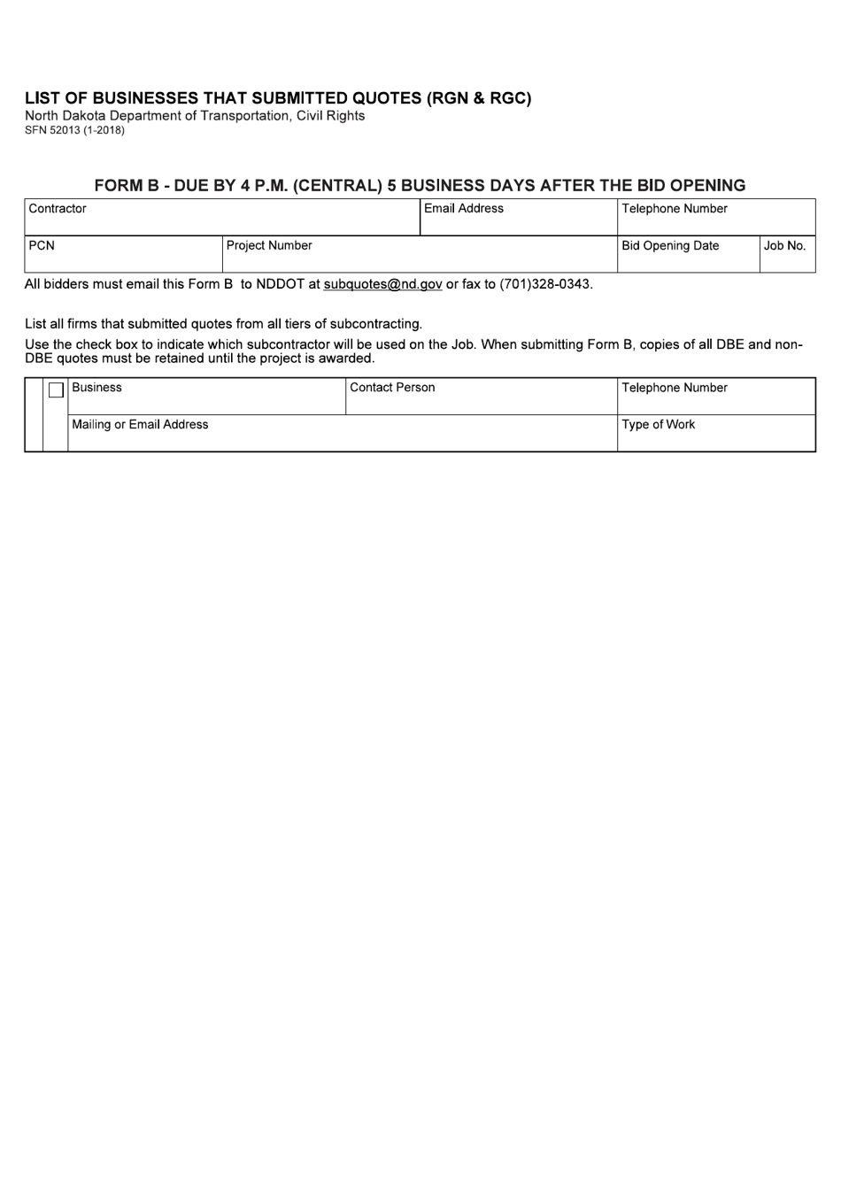 Form SFN52013 (B) List of Businesses That Submitted Quotes (Rgn  Rgc) - North Dakota, Page 1