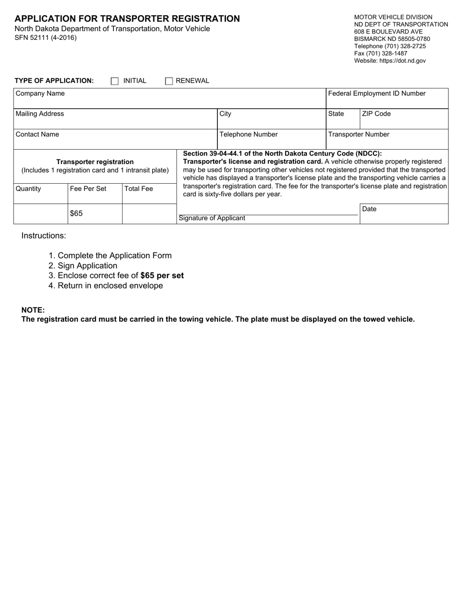 Form SFN52111 Application for Transporter Registration - North Dakota, Page 1
