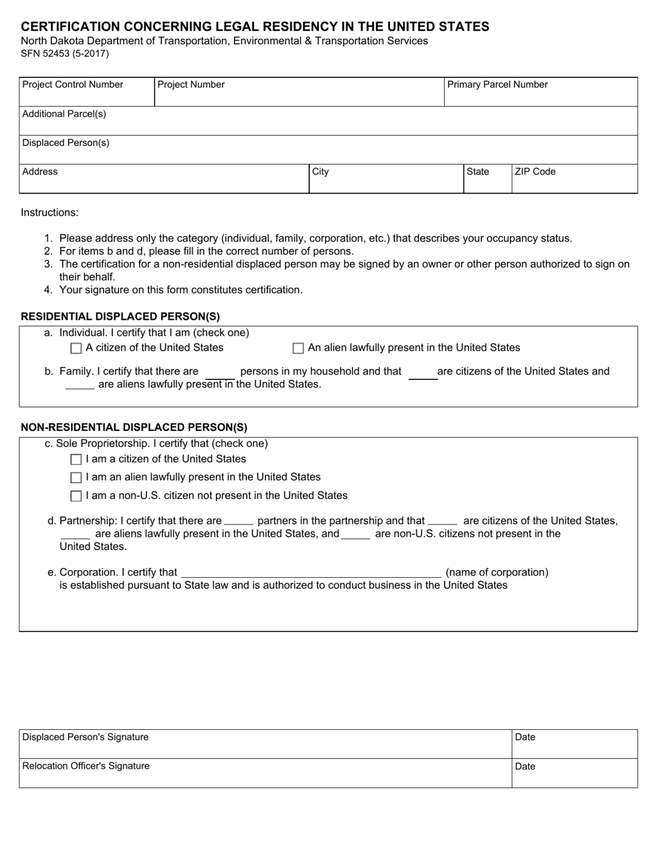 Form SFN52453 Certification Concerning Legal Residency in the United States - North Dakota, Page 1