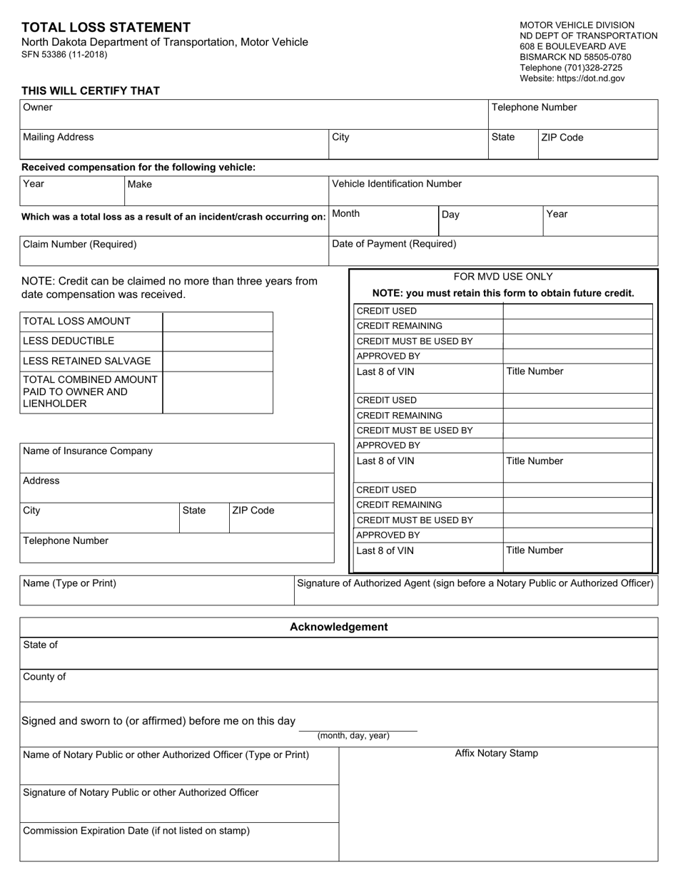 Form SFN53386 Total Loss Statement - North Dakota, Page 1