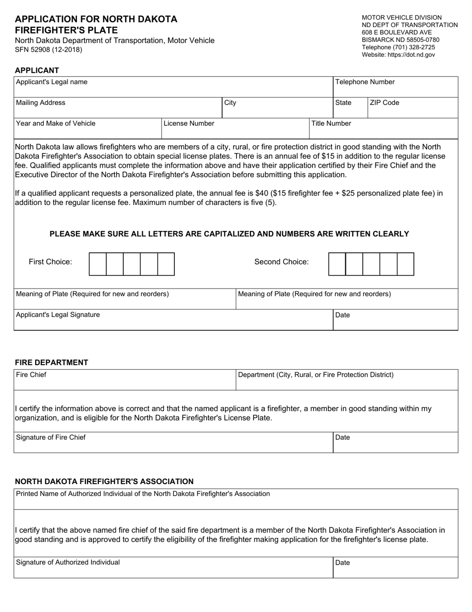 Form SFN52908 Application for North Dakota Firefighters Plate - North Dakota, Page 1