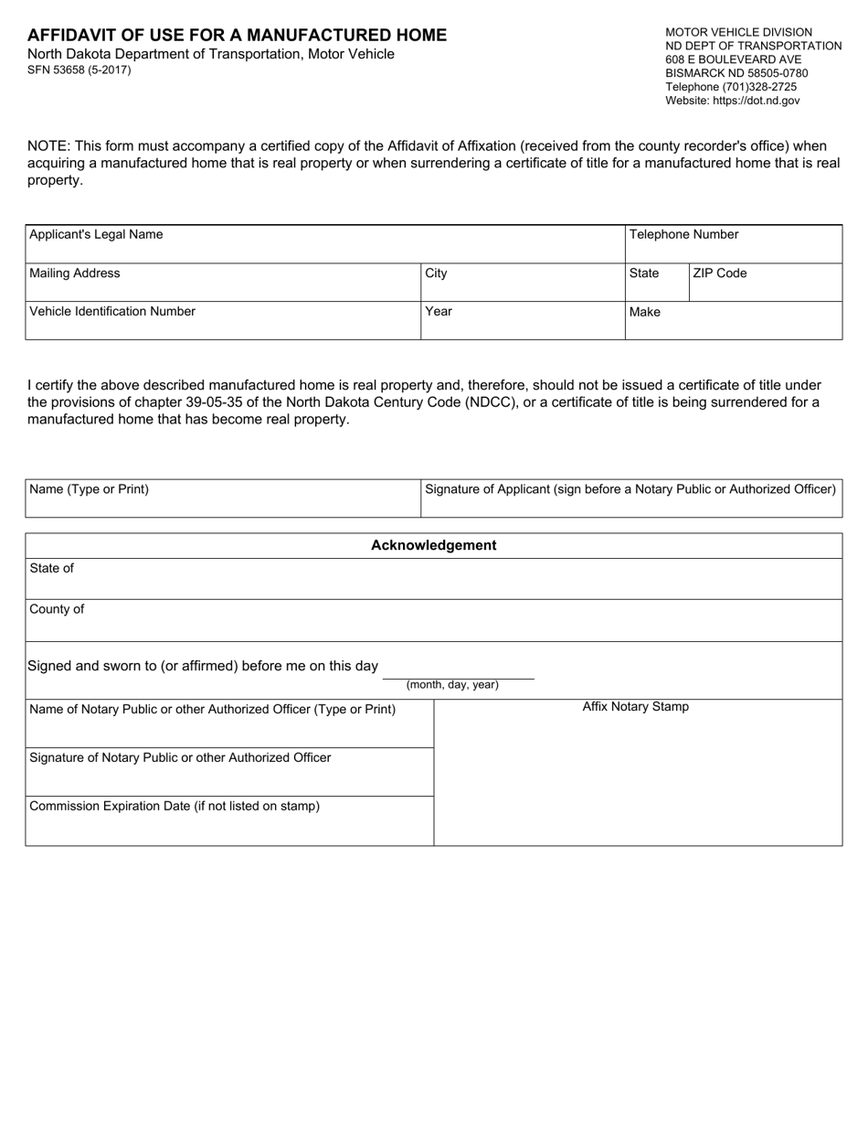 Form SFN53658 Affidavit of Use for a Manufactured Home - North Dakota, Page 1