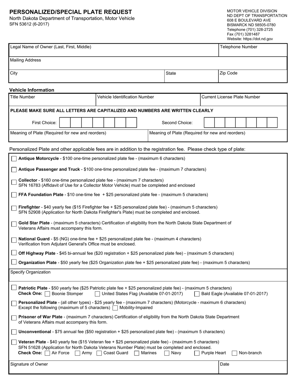 Form SFN53612 Personalized / Special Plate Request - North Dakota, Page 1