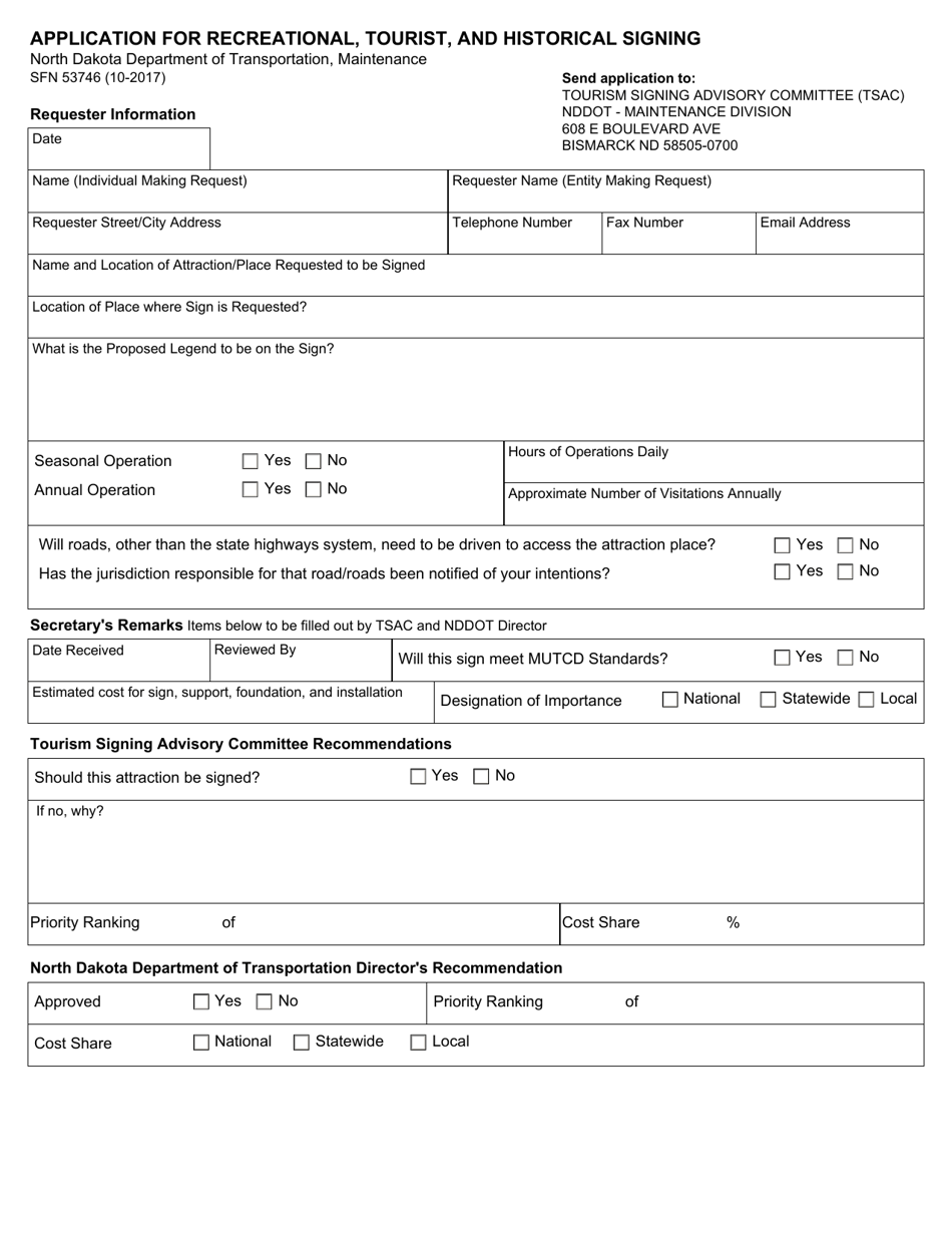 Form SFN53746 Application for Recreational, Tourist, and Historical Signing - North Dakota, Page 1