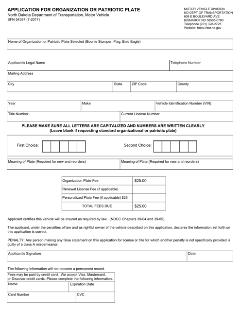 Form SFN54397 Application for Organization or Patriotic Plate - North Dakota