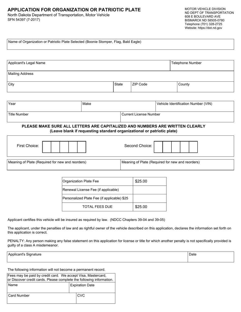 Form SFN54397 Application for Organization or Patriotic Plate - North Dakota, Page 1