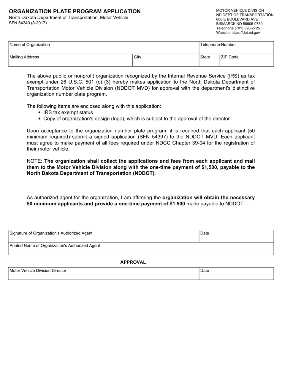 Form SFN54340 Organization Plate Program Application - North Dakota, Page 1
