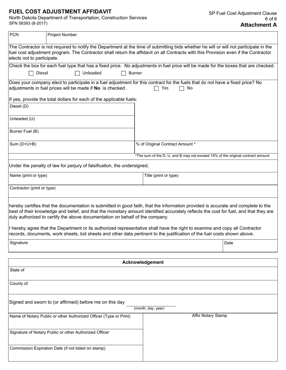 Form SFN58393 Fuel Cost Adjustment Affidavit - North Dakota, Page 1