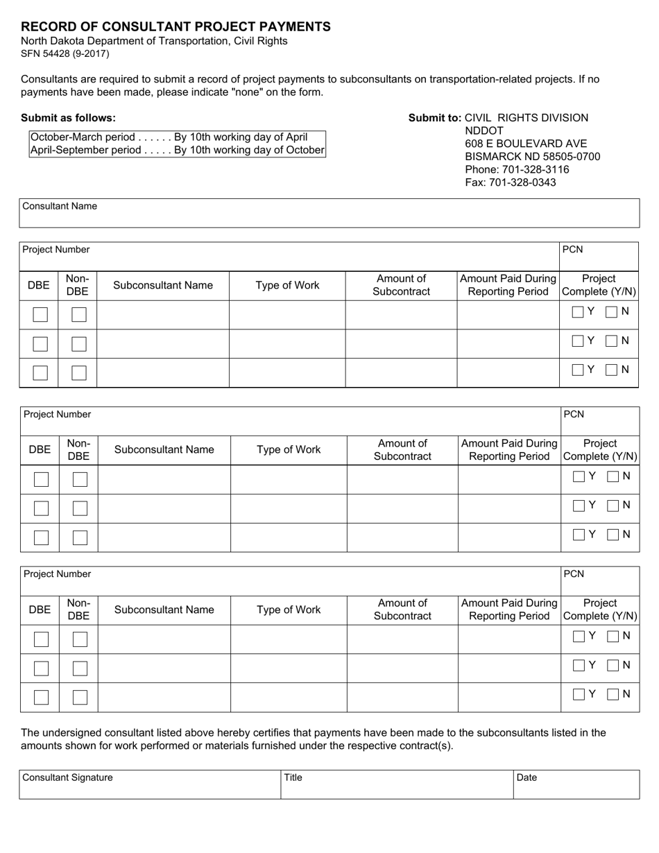 Form SFN54428 Record of Consultant Project Payments - North Dakota, Page 1