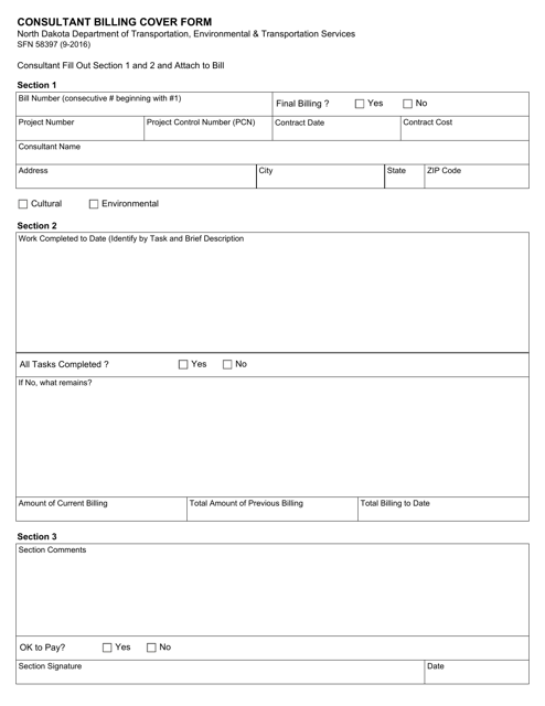 Form SFN58397 Consultant Billing Cover Form - North Dakota