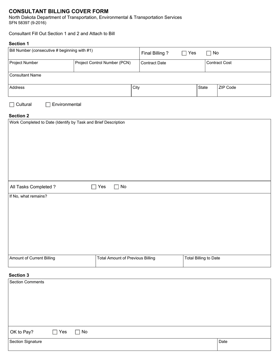 Form SFN58397 Consultant Billing Cover Form - North Dakota, Page 1