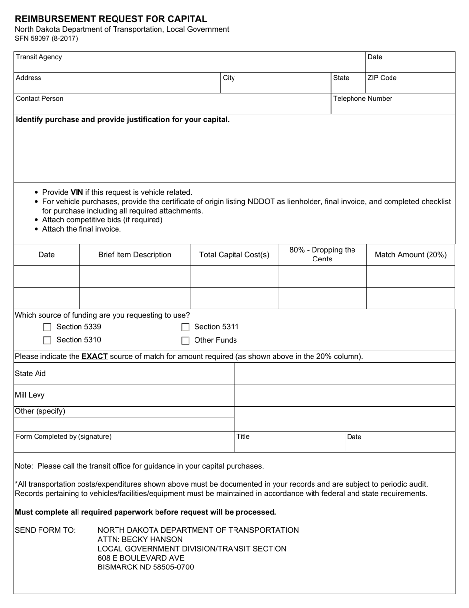 Form SFN59097 Reimbursement Request for Capital - North Dakota, Page 1